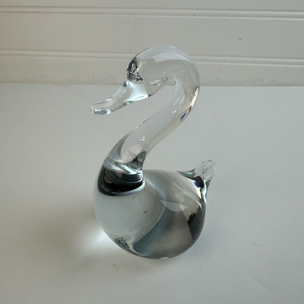 Vintage Clear Blown Glass Swan Figurine Handmade Art Glass Bird Paperweight